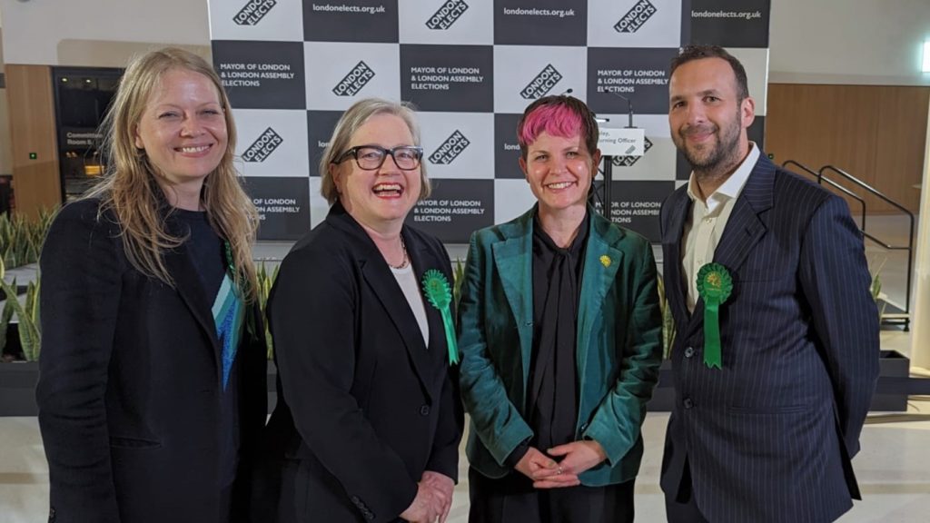 Sian Berry, Caroline Russell, Zoë Garbett and Zack Polanski at the London Election Declaration at City Hall..